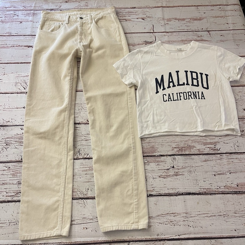 J Galt Brandy Melville Womens Small‎ Cream Button Fly Corduroy Pants & Crop Top